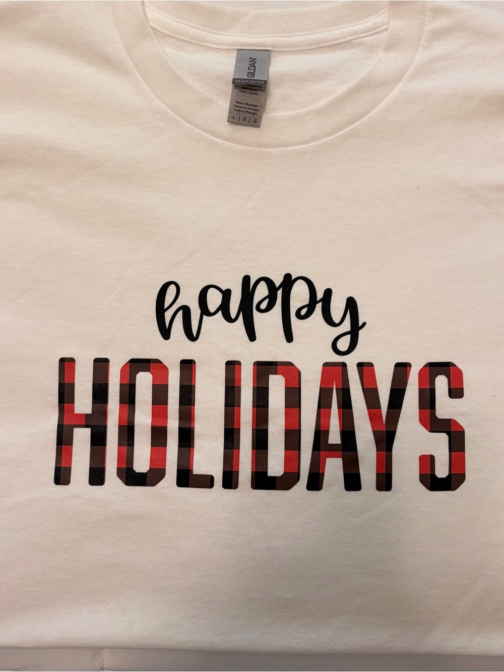 Gildan White Tee with Black Script and Red/Black Plaid HOLIDAYS